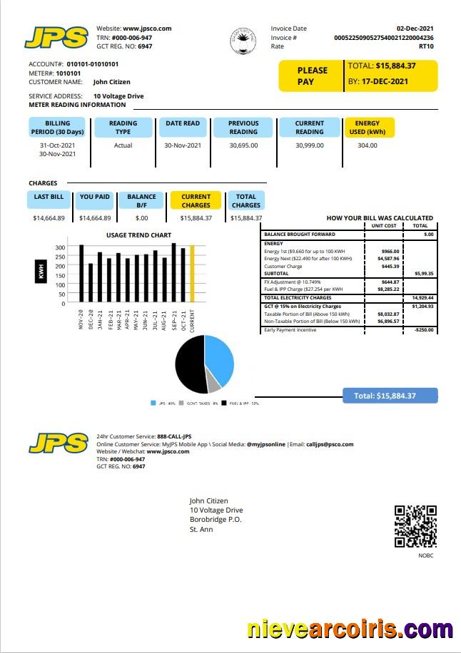 Editable Jamaica Public Service Company Limited (JPS) Electricity Utility Bill Template In Word And PDF Format