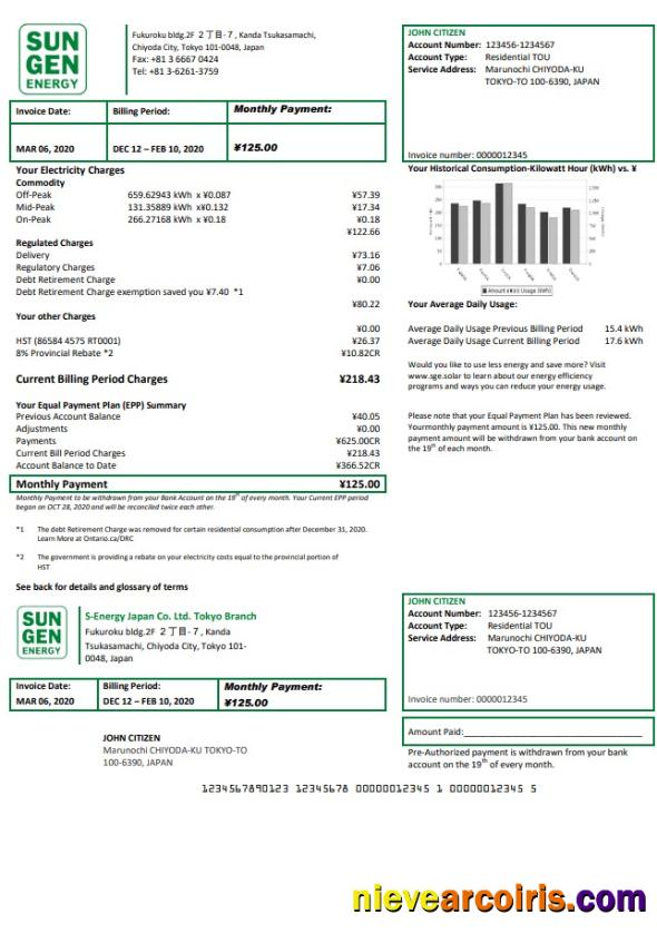 Professional Japan S Energy Japan Co. Ltd. Tokyo Branch Utility Bill Template In Word And PDF Format