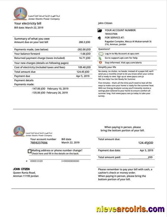 Realistic Jordan Jordanian Electric Power Co JEPCO Electricity Utility Bill Template In Word And PDF Format