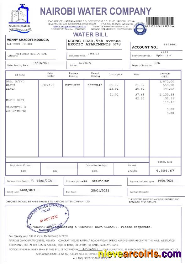 Realistic KENYA NAIROBI WATER Utility Bill Word And PDF Template