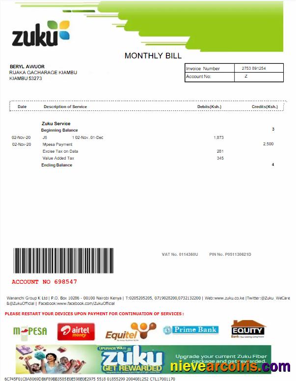 Premium KENYA ZUKU Utility Bill Word And PDF Template