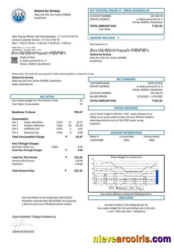 Professional Kazakhstan Astana Su Arnasy Utility Bill Template In Word And PDF Format (.doc And .pdf)