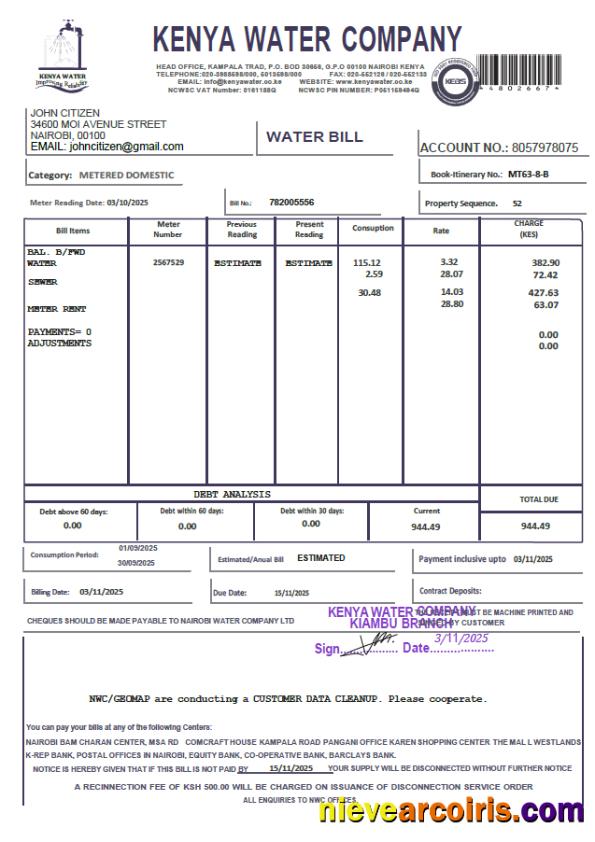 Editable Kenya Kenya Water Company Utility Bill Template In Word And PDF Formats