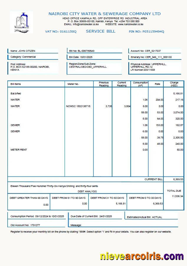 Premium Kenya Nairobi City Water And Sewerage Company Utility Bill Template In Word And PDF Formats