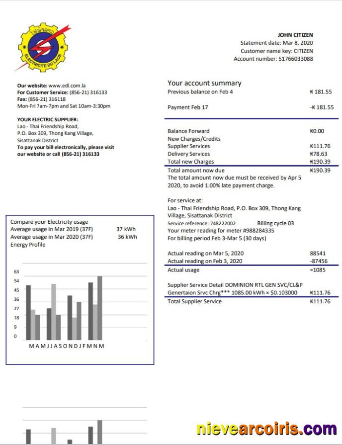 Editable Laos Electricite Du Laos Electricity Utility Bill Template In Word And PDF Format