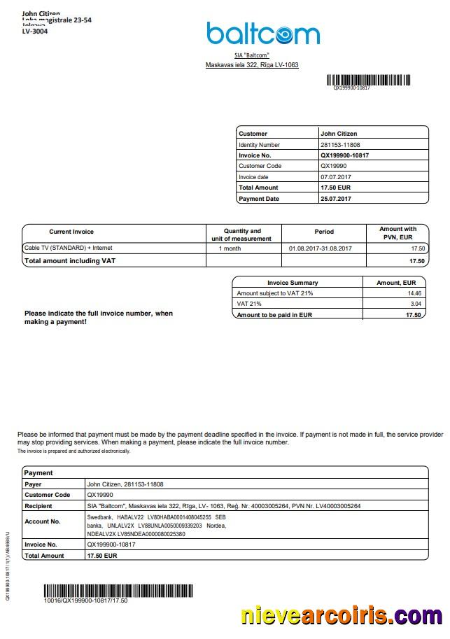 Realistic Latvia Baltcom Telecommunications Utility Bill Template In Word And PDF Format (English Version)
