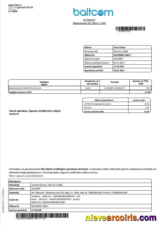 Realistic Latvia Baltcom Telecommunications Utility Bill Template In Word And PDF Format (Latvian Version)