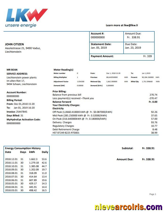 Professional Liechtenstein Ische Kraftwerke (LKW) Electricity Utility Bill Template In Word And PDF Format
