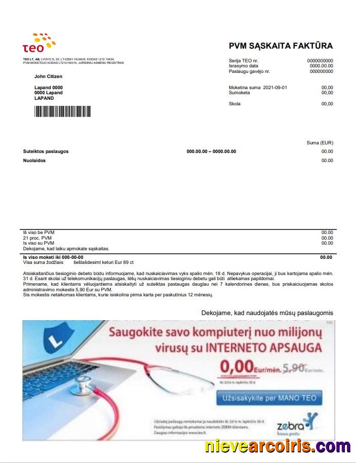 Editable Lithuania Teo Utility Bill Template In Word And PDF Format (.doc And .pdf)