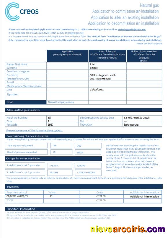 Editable Luxembourg Creos Gas Utility Bill Template In Word And PDF Format