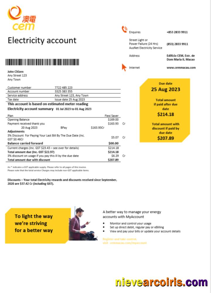Premium Macau CEM Electricity Bill Word And PDF Template