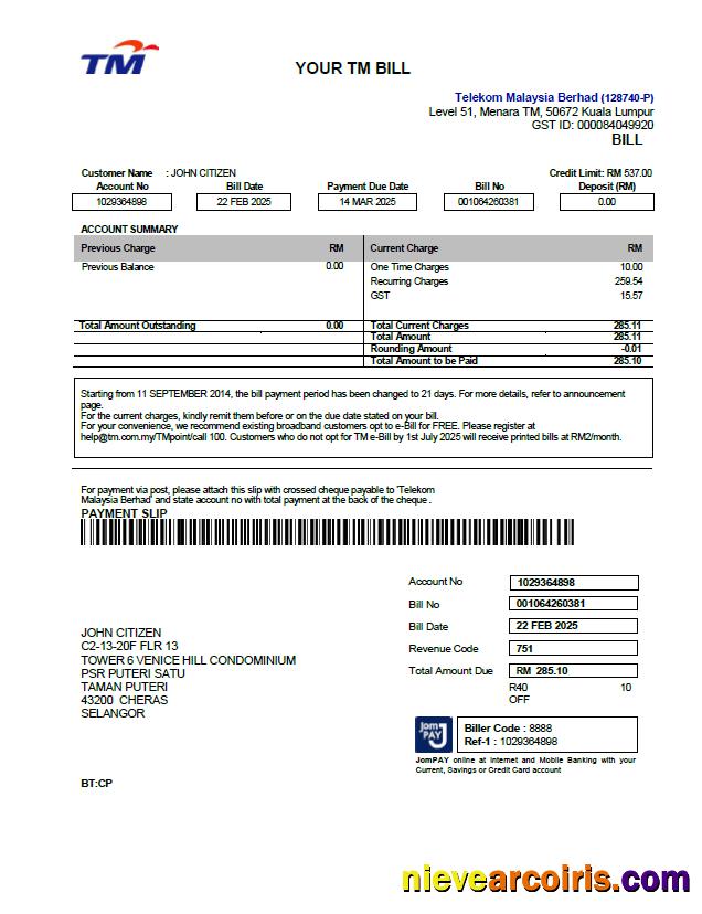 Realistic Malaysia Telekom Utility Bill Template In Word And PDF Formats