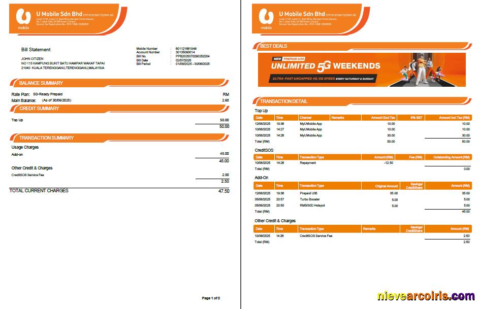 Editable Malaysia U Mobile Utility Bill Template In Word And PDF Formats, 2 Pages, Version 2