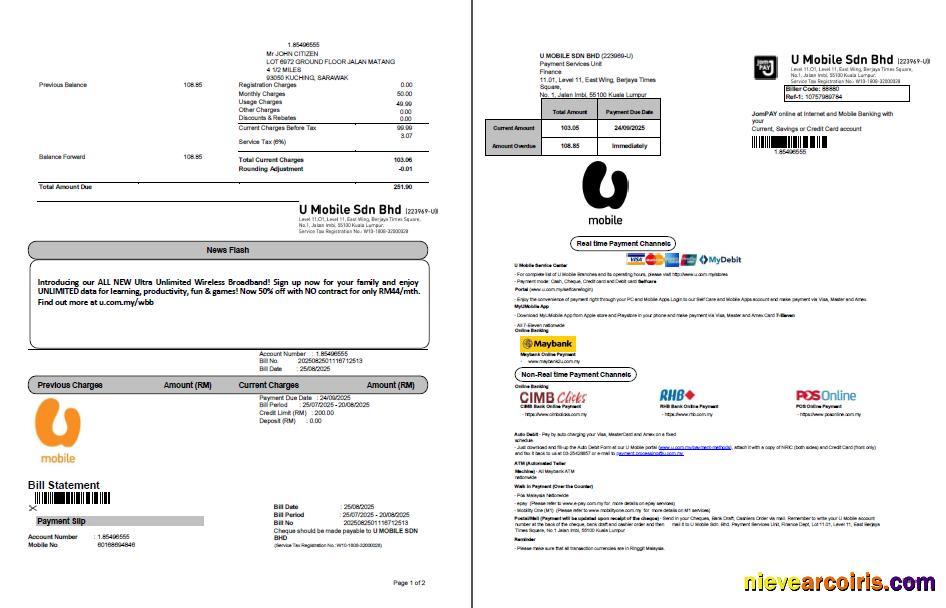 Premium Malaysia U Mobile Utility Bill Template In Word And PDF Formats, 2 Pages