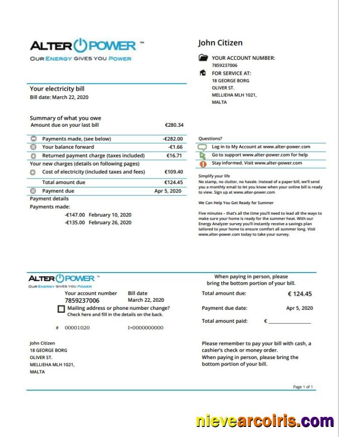 Editable Malta AlterPower Malta Proof Of Address Utility Bill Template In Word And PDF Format