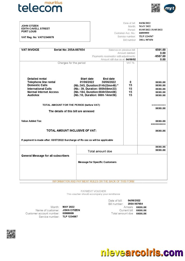 Professional Mauritius Telecom Mauritius Utility Bill Template In Word And PDF Format