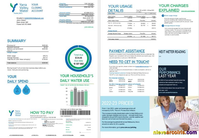 Melbourne Yarra Valley Water Water Utility Bill Word And PDF Formats, 2 Pages Photolook