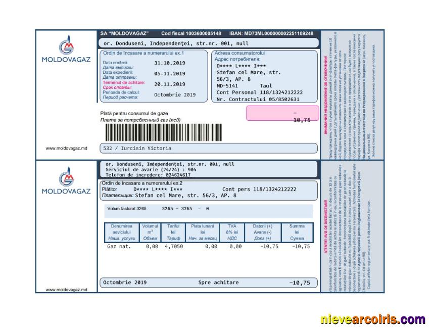 Editable Moldova Moldovagaz Utility Bill Template In Word And PDF Format