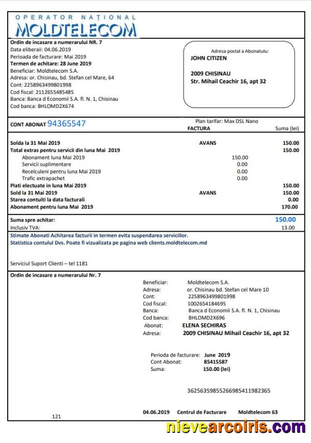 Premium Moldova Moldtelecom Utility Bill Template In Word And PDF Format, Fully Editable