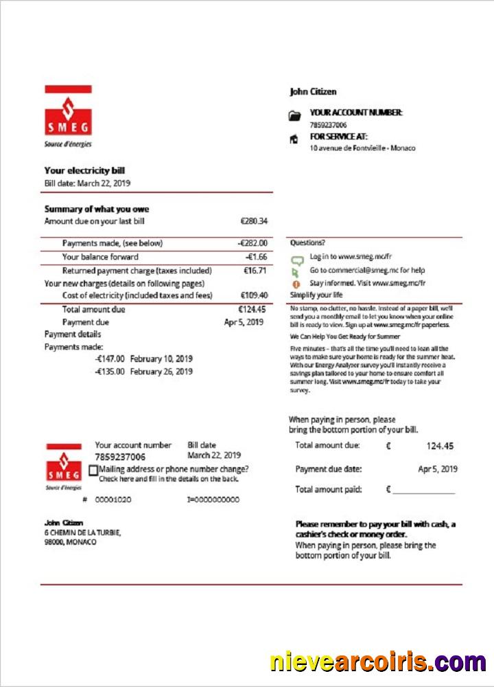Realistic Monaco SMEG Electricity Utility Bill Template In Word And PDF Format