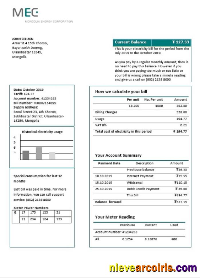 Realistic Mongolia Energy Corporation (MEC) Electricity Utility Bill Template In Word And PDF Format