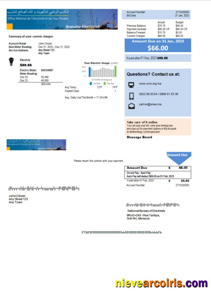 Realistic Morocco National Bureau Of Electricity Utility Bill Word And PDF Template