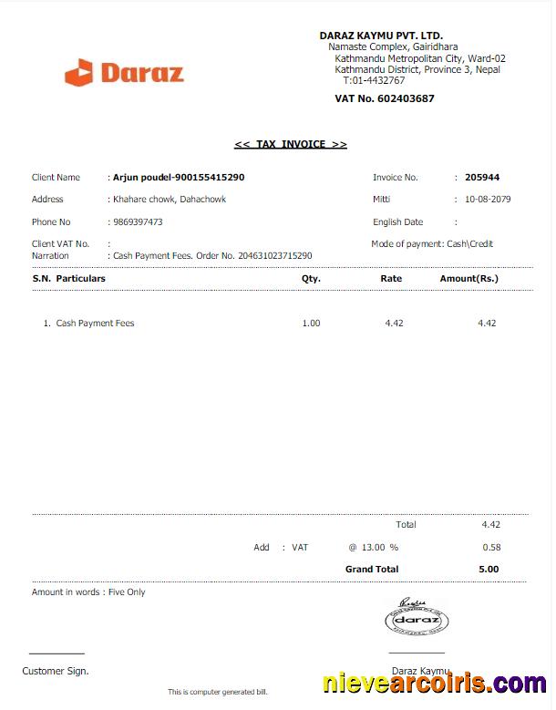 Professional NEPAL DARAZ Utility Bill Word And PDF Template