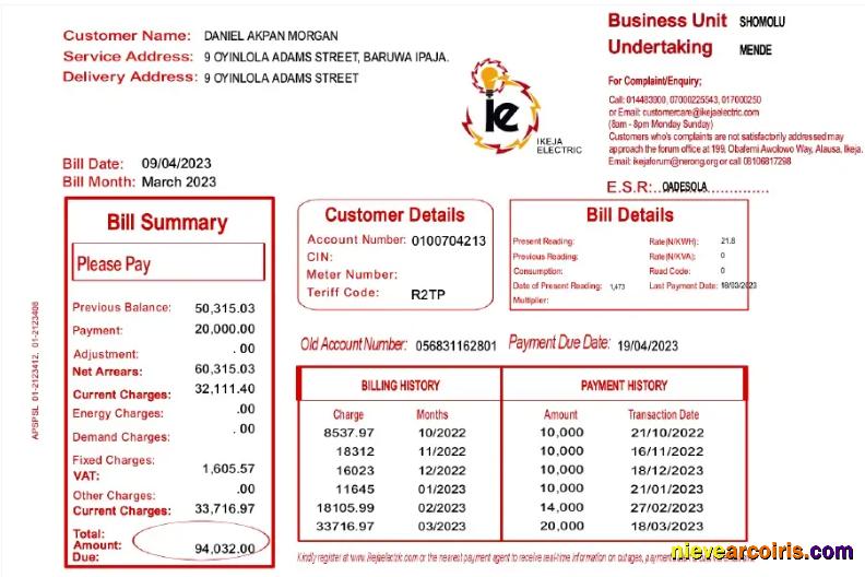 Editable NIGEIA IKEJA Utility Bill Word And PDF Template
