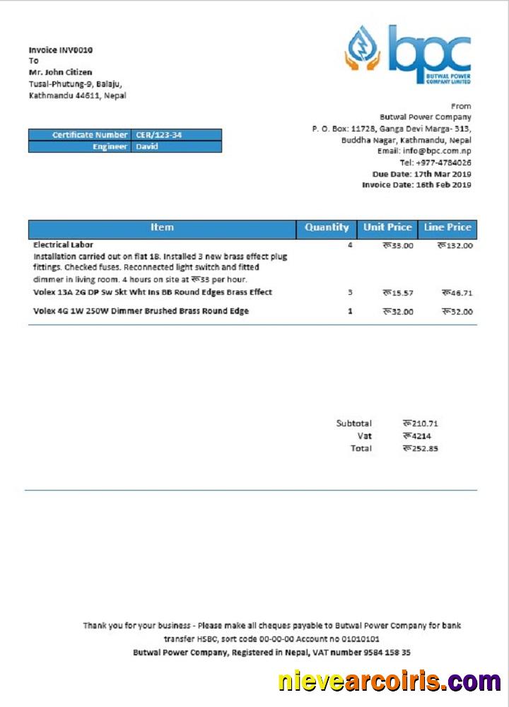 Editable Nepal Butwal Power Company Limited Electricity Utility Bill Template In Word And PDF Format