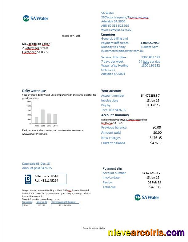 Netherlands SA Water Utility Bill In Word Format Photolook