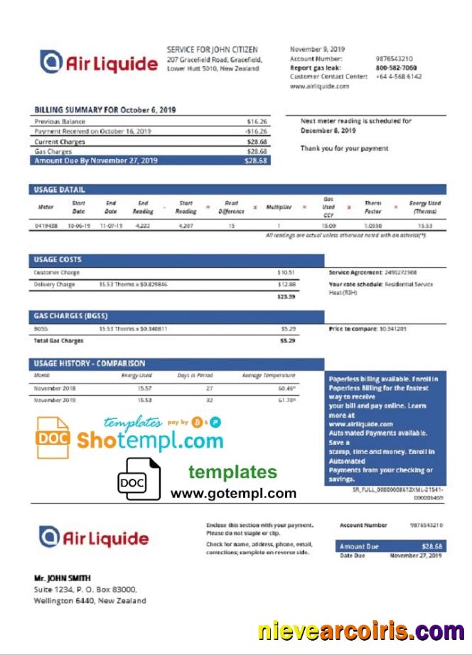 Editable New Zealand Air Liquide Gas Utility Bill Template In Word And PDF Format