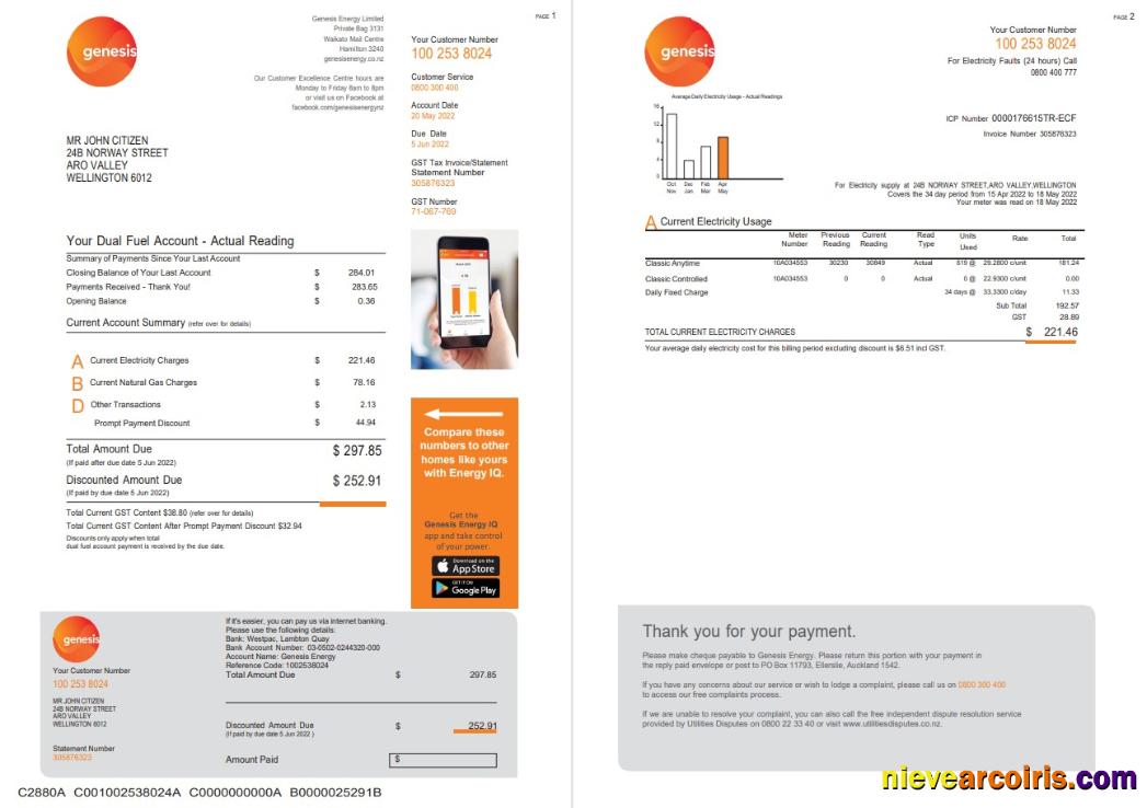 Realistic New Zealand Genesis Gas Utility Bill Template In Word And PDF Format, 3 Pages 1