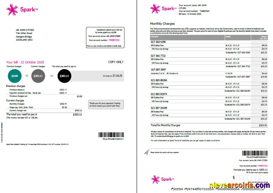 Realistic New Zealand Spark Utility Bill Template In Word And PDF Formats, 2 Pages, Version 2