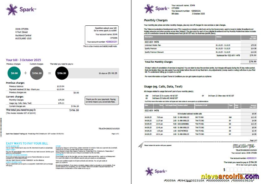 Realistic New Zealand Spark Utility Bill Template In Word And PDF Formats, 2 Pages