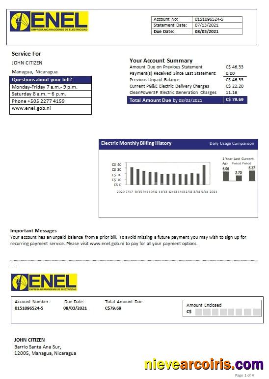 Editable Nicaragua Nicaraguan Electricity Company ENEL Electricity Utility Bill Template In Word And PDF Format