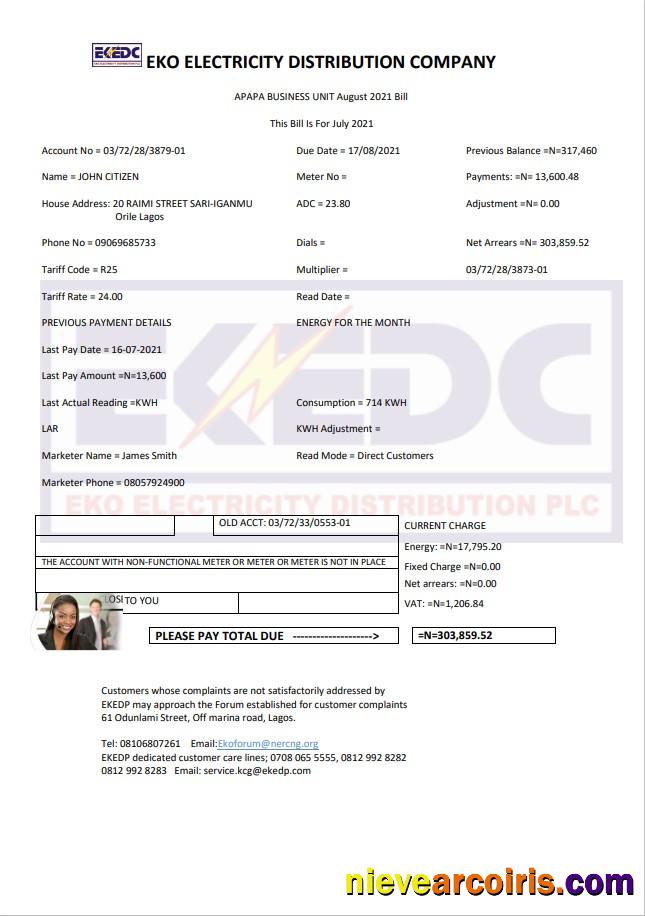 Realistic Nigeria Eko Electricity Distribution Company (EKEDC) Utility Bill Template In Word And PDF Format