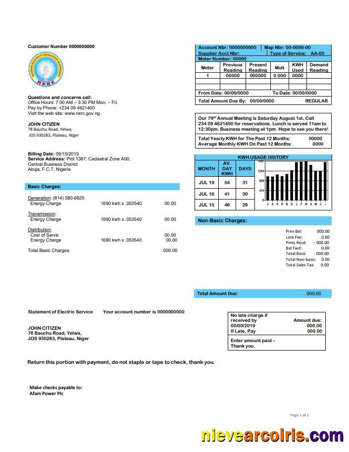Premium Nigeria Nigerian Electricity Regulatory Commission Electricity Utility Bill Template In Word And PDF Format