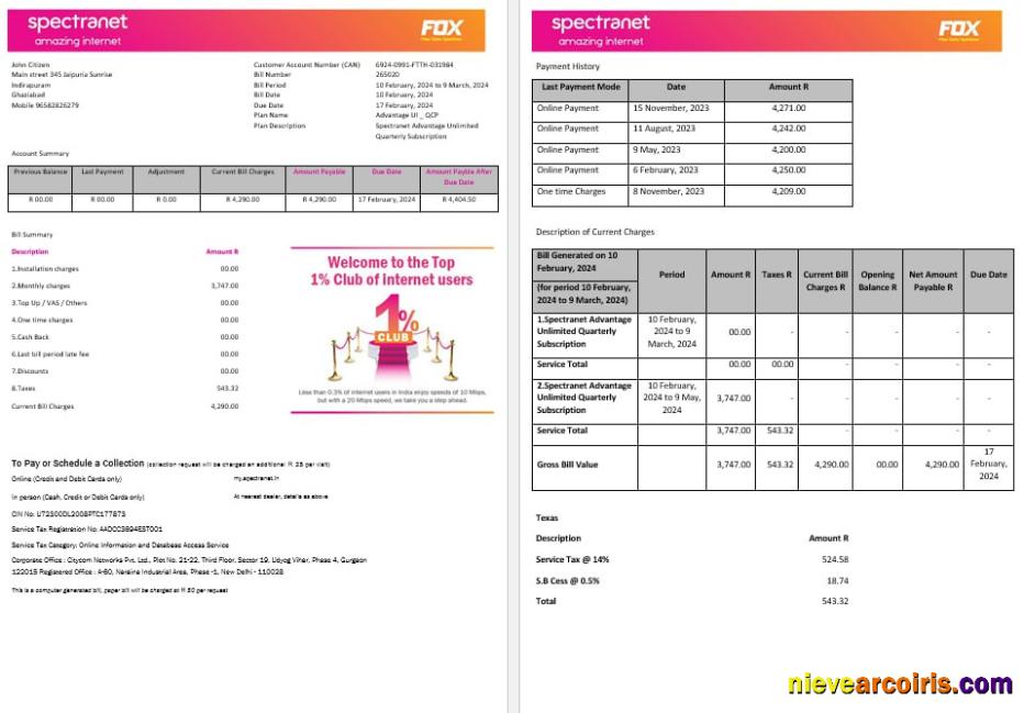 Nigeria Spectranet Amazing Internet Internet Utility Bill Word And PDF Formats, 3 Pages Template