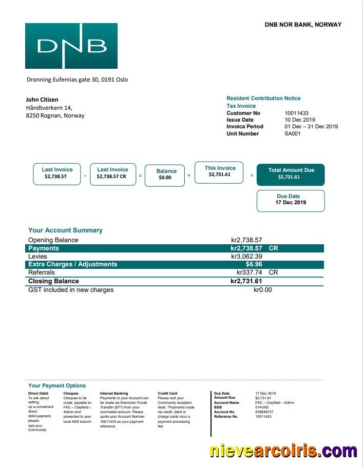 Professional Norway DNB Utility Bill Template In Word And PDF Format