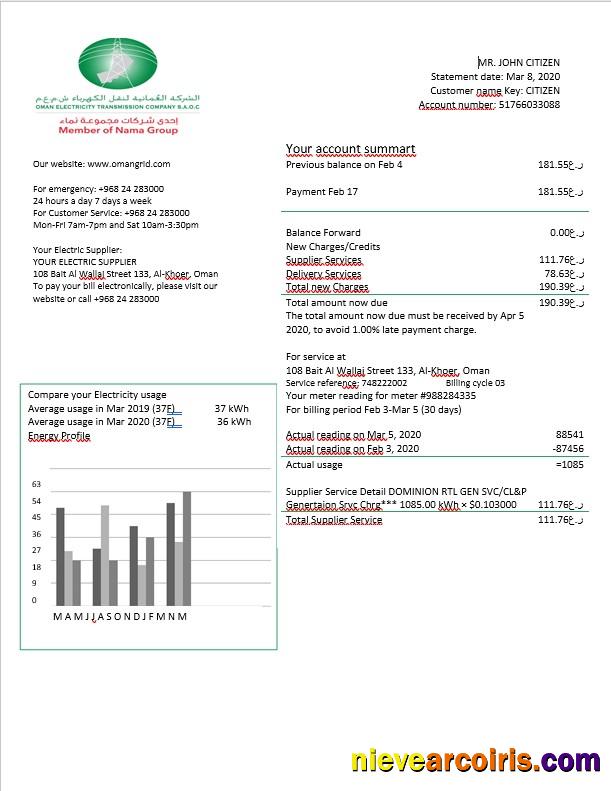 Oman Oman Electricity Transmission Company Electricity Bill In Word Format Template