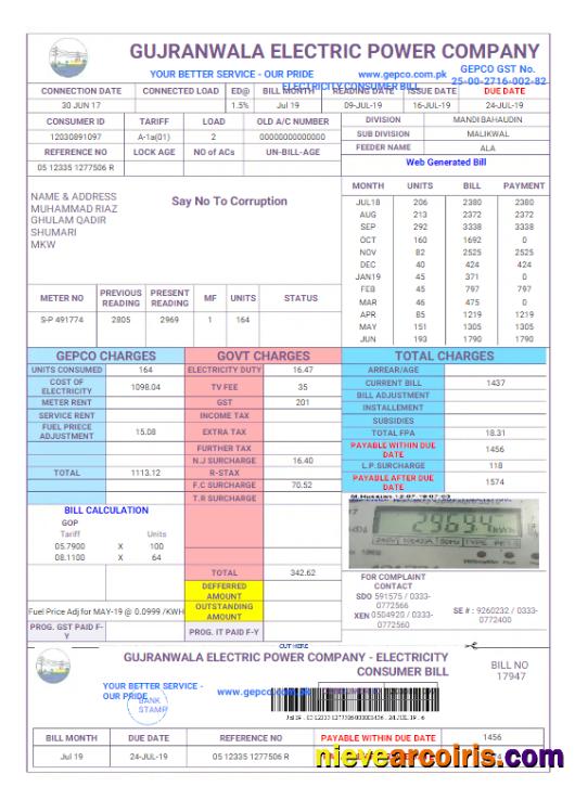 Realistic PAKISTAN GUJRANWALA ELECTRICPOWER Utility Bill Word And PDF Template