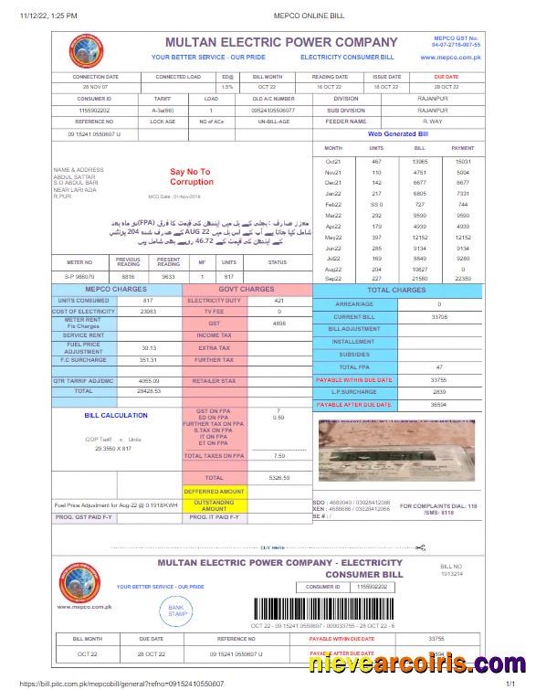 Professional PAKISTAN MULTAN ELECTRIC POWER Utility Bill Word And PDF Template, Version 2