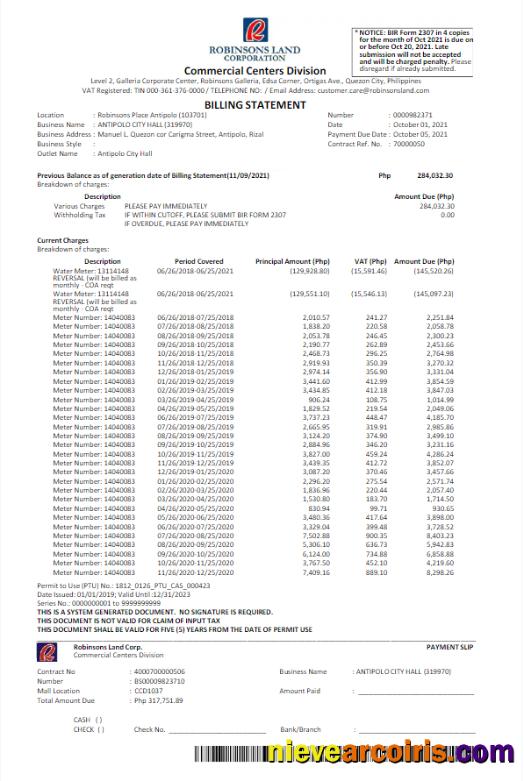 Realistic PHILIPPINES ROBINSON LAND CORPORATION Utility Bill Word And PDF Template