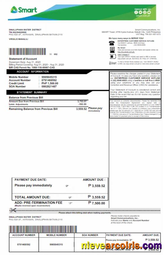 Editable PHILIPPINES SMART Utility Bill Word And PDF Template
