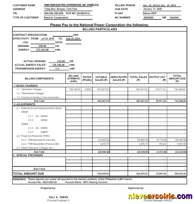 Professional PHILIPPINES TAWELCO Utility Bill Word And PDF Template