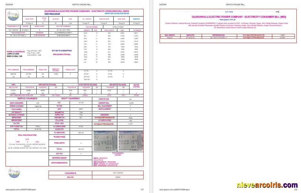Pakistan Gujanwala Electric Power Company Electricity Utility Bil Word And PDF Formats, 2 Pages Photolook