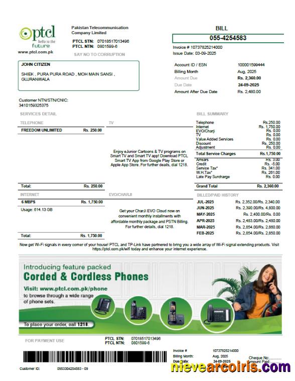 Realistic Pakistan PTCL Utility Bill Template In Word And PDF Formats