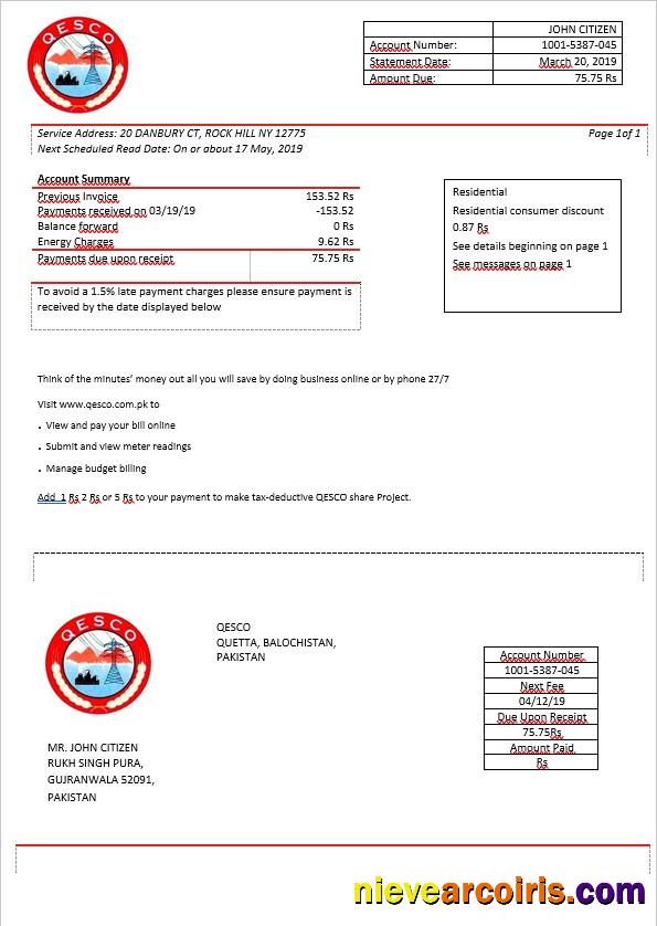 Pakistan Quetta Electric Supply Company Electricity Bill In Word Format Preview