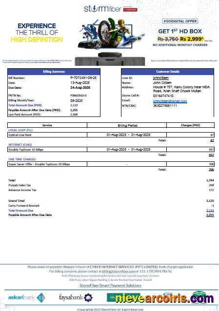 Professional Pakistan StormFiber Utility Bill Template In Word And PDF Formats