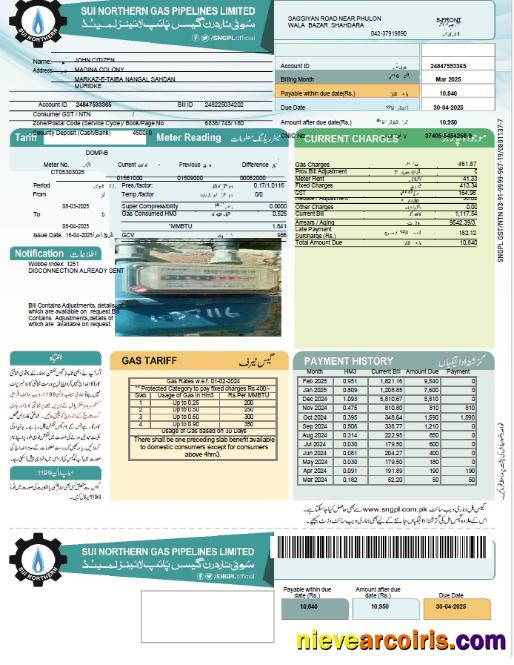 Premium Pakistan Sui Northern Gas Pipelines Limited Utility Bill Template In Word And PDF Formats, Version 2